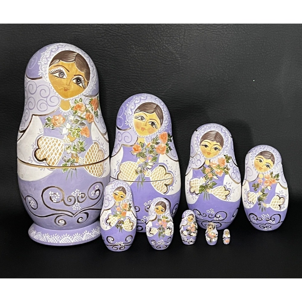 VTG Russian NESTING DOLLs Hand-Painted Matryoshka Babushka 9 Pc Signed 9"